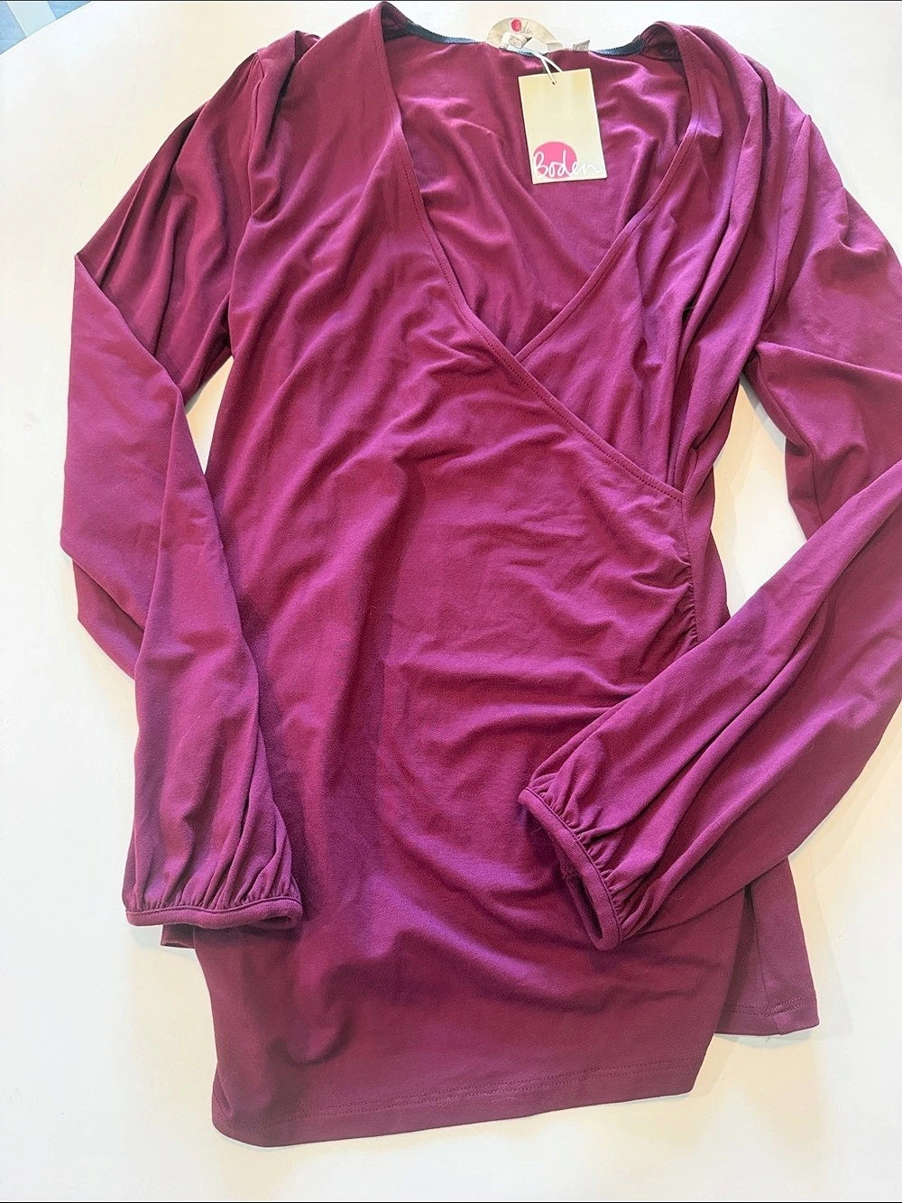 Boden Ruched Long Sleeve Wrap Top in Purple Size Medium